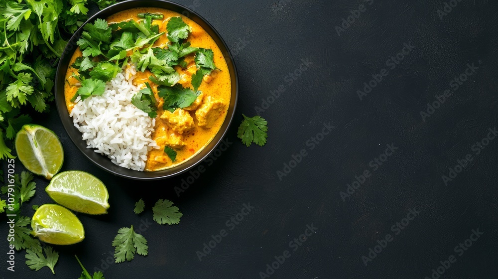 Vibrant Thai Curry and Rice with Fresh Herbs and Lime - Top-Down View of Rich Colors and Textures Vibrant Thai Curry and Rice with Fresh Herbs and Lime - Top-Down View of Rich Colors and Textures
