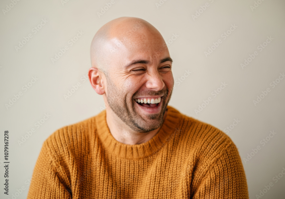 Bald man laughing in cozy sweater against neutral background Bald man laughing in cozy sweater against neutral background