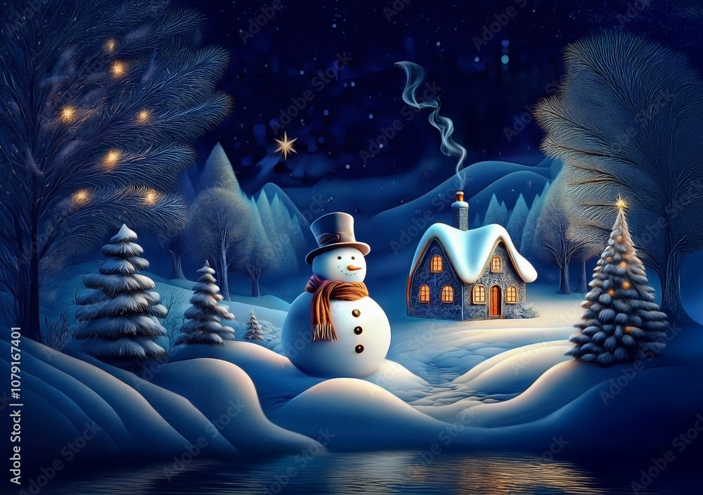 Obraz premium Winter scene with snowman and Christmas tree