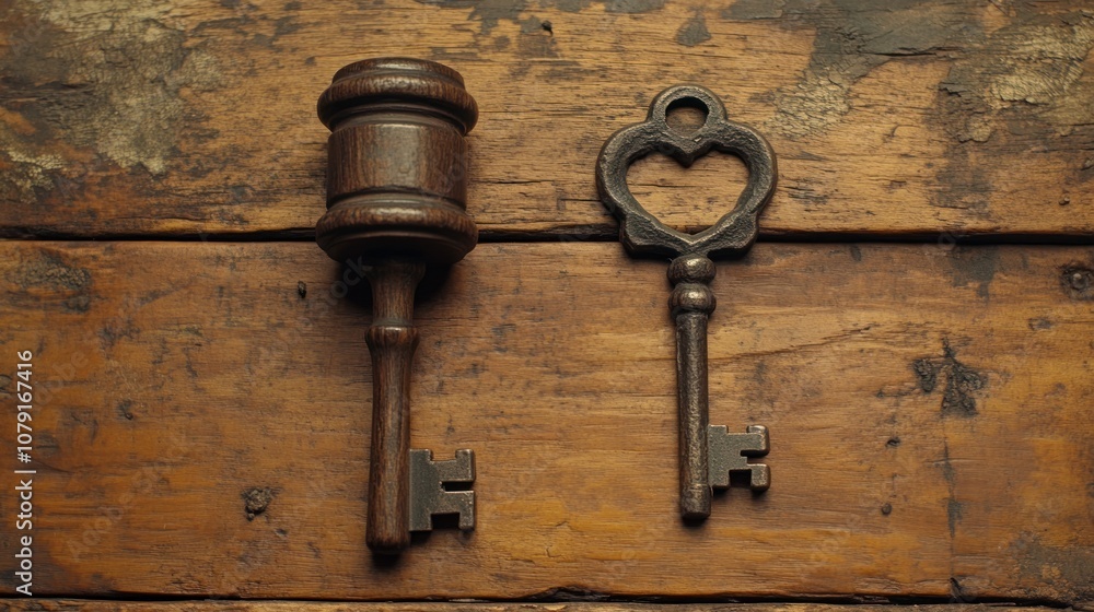 Antique key with heart shaped hole and a wooden gavel on a wooden table. Antique key with heart shaped hole and a wooden gavel on a wooden table.