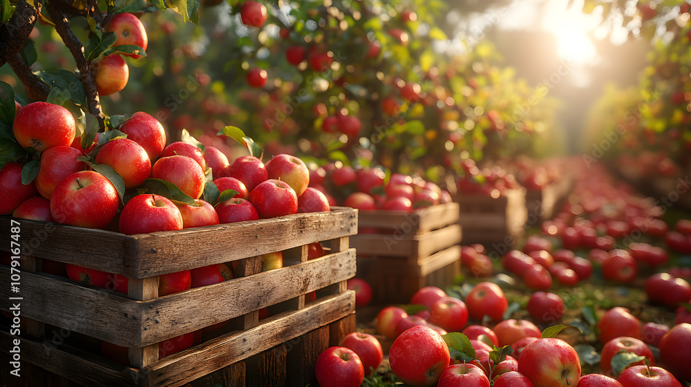 A photorealistic background of an apple orchard with rows of red apples hanging from the trees, creating a vibrant, picturesque scene that captures the essence of harvest season, fresh produce, and na A photorealistic background of an apple orchard with rows of red apples hanging from the trees, creating a vibrant, picturesque scene that captures the essence of harvest season, fresh produce, and na