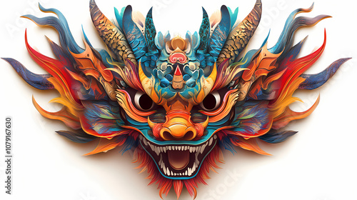 Vibrant fantasy dragon mask in neotraditional style, showcasing intricate details and bold colors. fierce expression and dynamic design evoke sense of power and mystique. Mystique. Illustration
