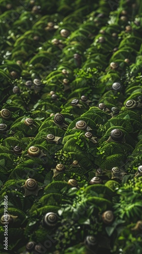 Vibrant green leaves host an abundance of snails in a sustainable snail farm, a close-up view into snail farming practices. photo