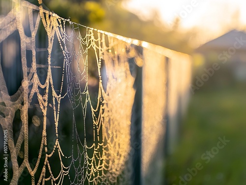 Glistening Spider Webs on Garden Fence Showcasing Nature s Architectural Persistence photo