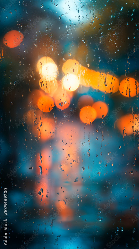Raindrops on a window with blurred city lights in the background, creating a cozy, atmospheric mood Raindrops on a window with blurred city lights in the background, creating a cozy, atmospheric mood