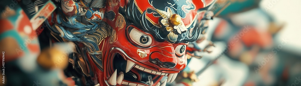 Red oni mask with sharp fangs, traditionally worn during Setsubun to ward off evil spirits Red oni mask with sharp fangs, traditionally worn during Setsubun to ward off evil spirits