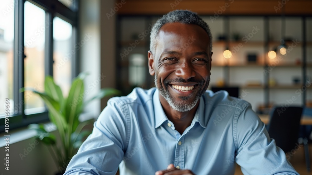 A man with a warm smile sits at a desk in a well-lit indoor space filled with plants. He appears relaxed and engaged, enjoying a bright day A man with a warm smile sits at a desk in a well-lit indoor space filled with plants. He appears relaxed and engaged, enjoying a bright day
