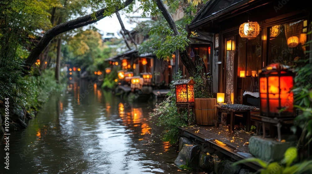 Obraz premium Small kamakura huts with glowing candles placed along a riverbank, reflecting softly in the water