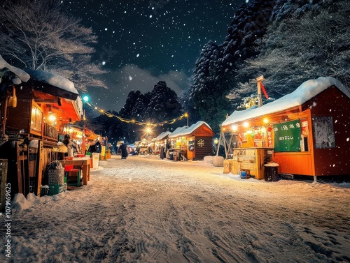 Nighttime view of the Yokote Kamakura Festival with glowing snow huts and a clear starry sky photo