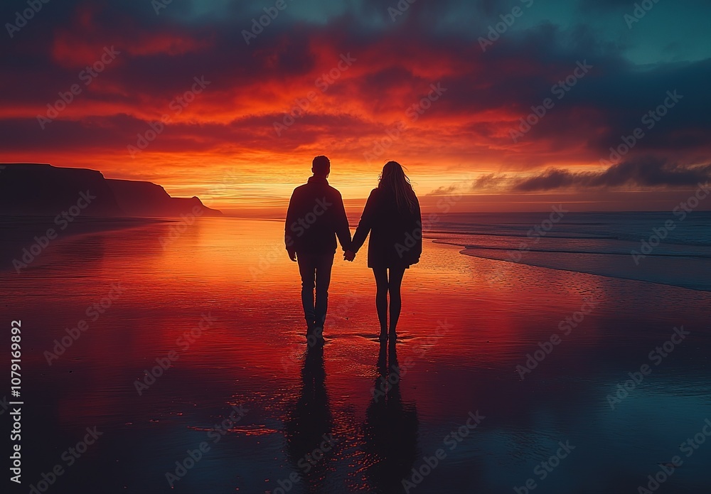 Silhouettes of a couple walking hand-in-hand on a beach at sunset. The ...