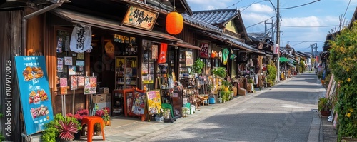 A peaceful street in Japan with small shops displaying signs of gratitude for their employees, decorated for Labour Thanksgiving Day, community spirit