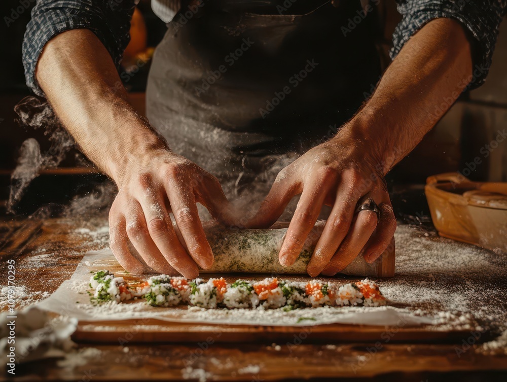 Closeup of hands rolling an ehomaki sushi roll, preparing for a Setsubun fortune meal Closeup of hands rolling an ehomaki sushi roll, preparing for a Setsubun fortune meal