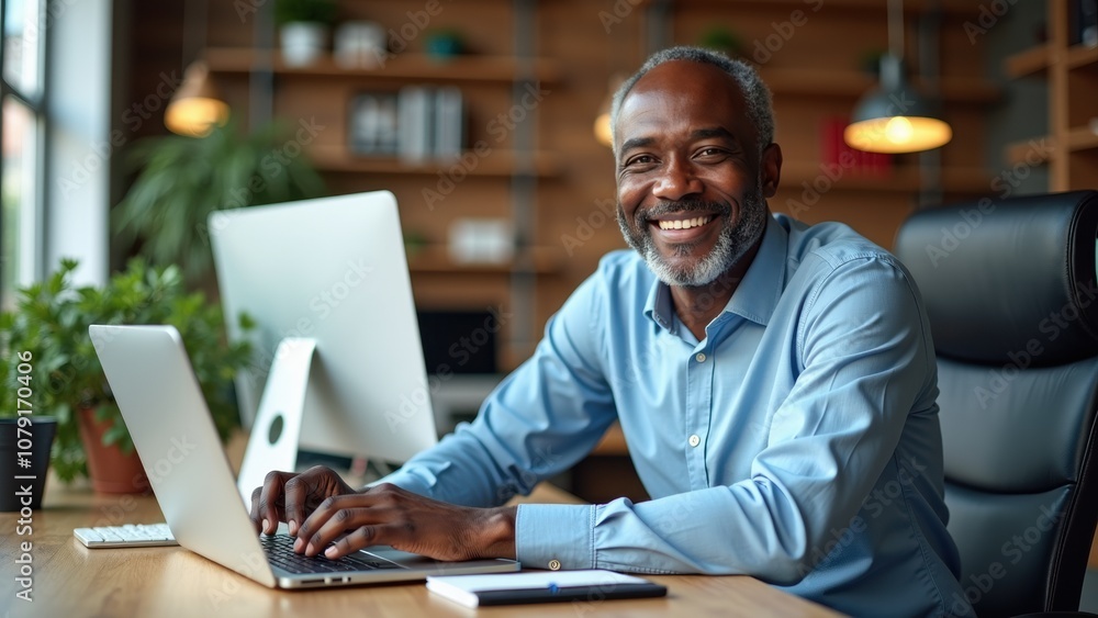 A joyful man sits at his wooden desk, typing on a laptop in a stylish home office. Surrounding him are plants and warm lighting, creating a cozy atmosphere A joyful man sits at his wooden desk, typing on a laptop in a stylish home office. Surrounding him are plants and warm lighting, creating a cozy atmosphere