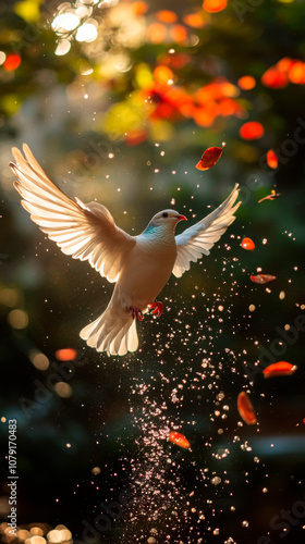 Graceful dove in mid-flight surrounded by a magical spray of light and autumn leaves, symbolizing peace and the beauty of nature photo