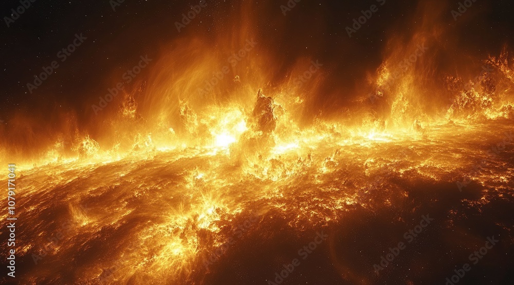 A fiery, abstract celestial landscape with a glowing orange and yellow nebula. A fiery, abstract celestial landscape with a glowing orange and yellow nebula.