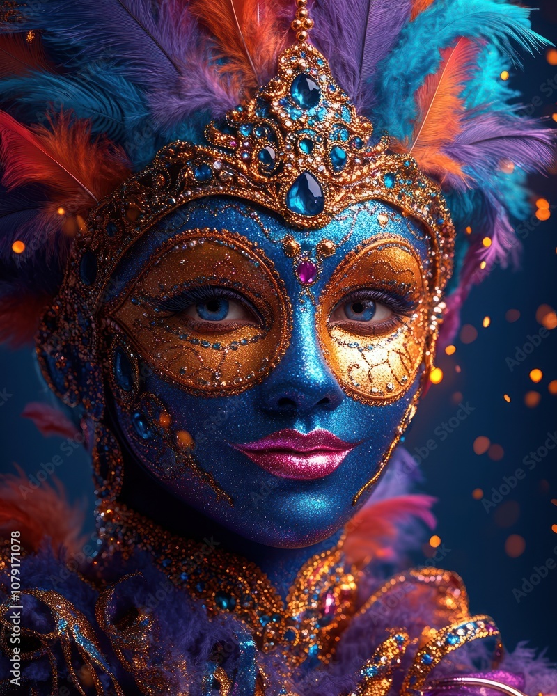 Elegant Venetian carnival mask with colorful feathers and golden details, AI generated Elegant Venetian carnival mask with colorful feathers and golden details, AI generated