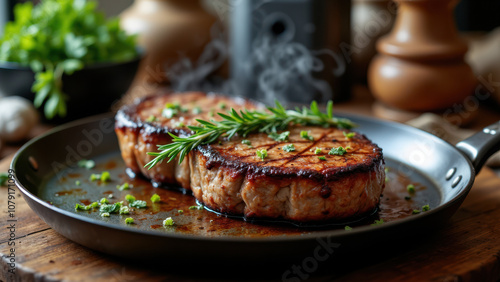 Juicy steaks on a frying pan ready to serve for a healthy carnivore meal.