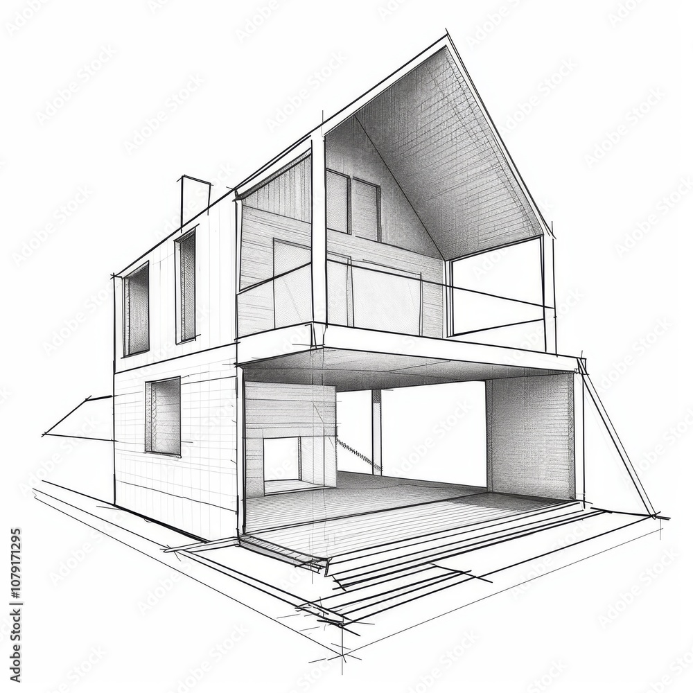 Modern Two-Story House Architectural Sketch. Contemporary Home Design Concept Illustration. Modern Two-Story House Architectural Sketch. Contemporary Home Design Concept Illustration.