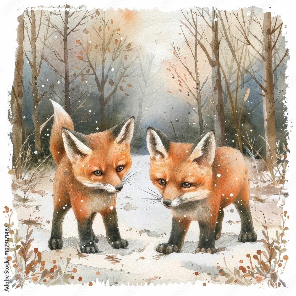 Obraz premium Two playful foxes exploring a snowy forest, surrounded by trees and a serene winter landscape.