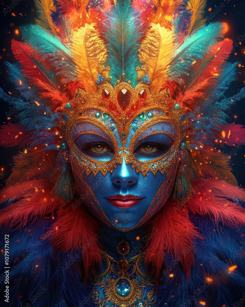 Elegant Venetian carnival mask with colorful feathers and golden details, AI generated Elegant Venetian carnival mask with colorful feathers and golden details, AI generated