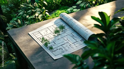 Blueprints spread out on a table, nestled between rich, green plants and trees, symbolizing the pursuit of environmentally friendly building methods and sustainable architecture.