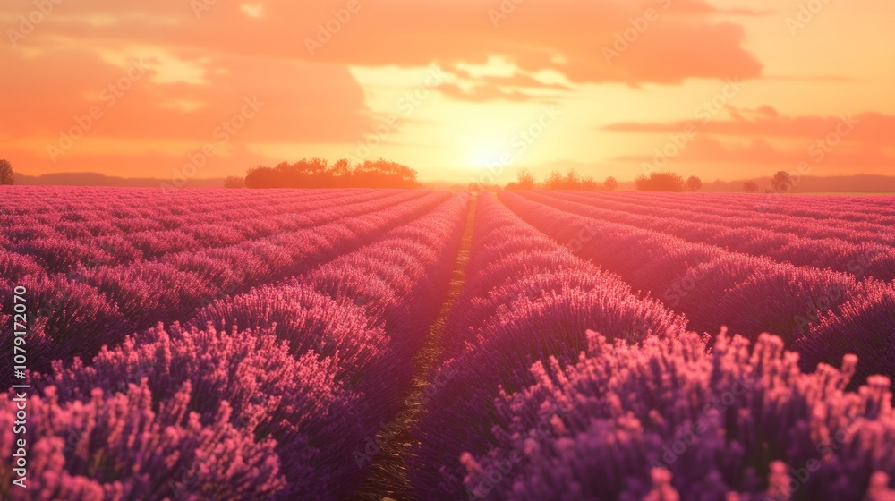 Blooming lavender fields at sunset with orange sky Blooming lavender fields at sunset with orange sky