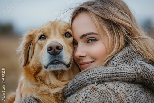 Smiling Woman in Knit Sweater with Golden Retriever Dog