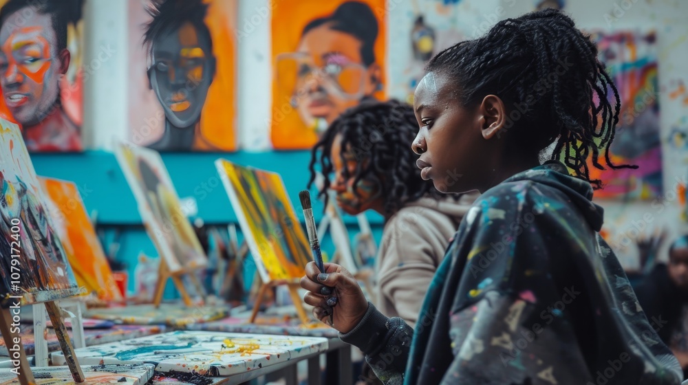 Youthful artists engaged in creative painting in a vibrant art studio. Youthful artists engaged in creative painting in a vibrant art studio.