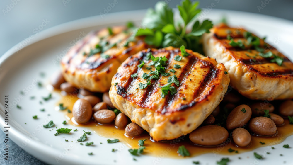 Grilled chicken breast with beans on white plate. Grilled chicken breast with beans on white plate.