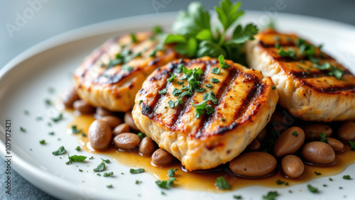 Grilled chicken breast with beans on white plate.