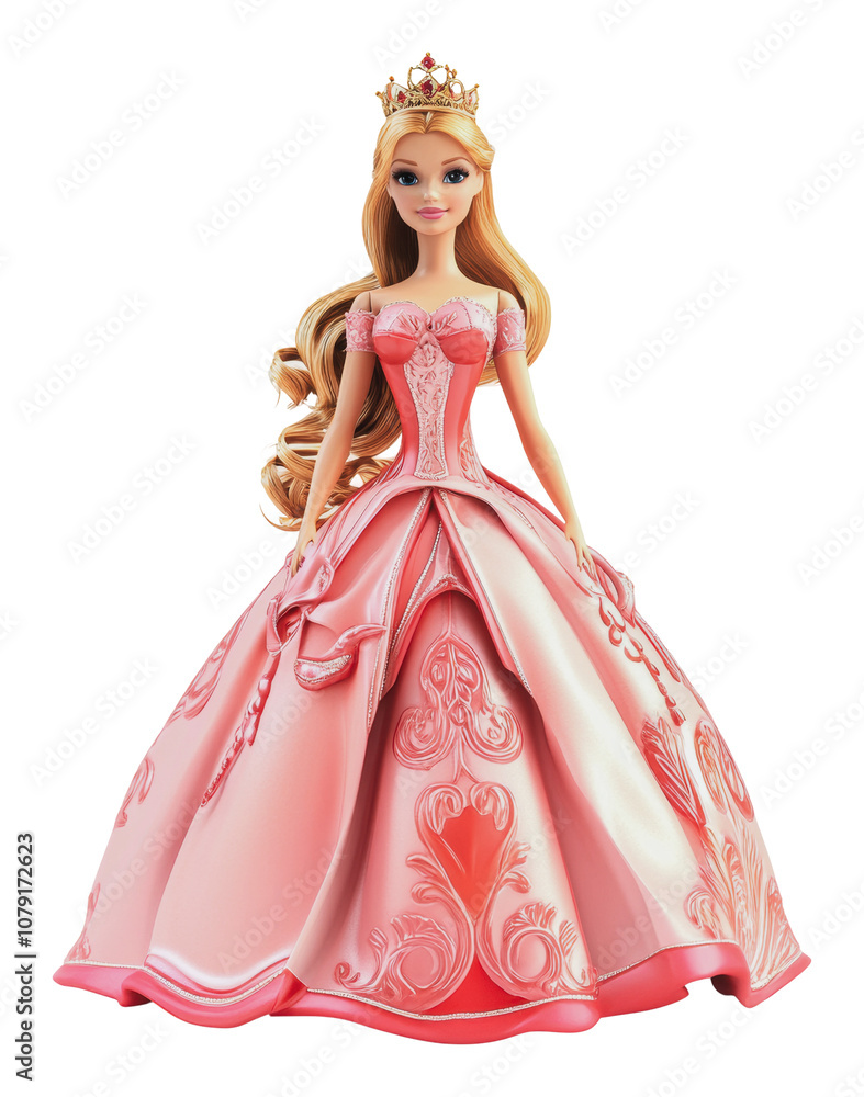 PNG Elegant princess doll in pink gown with crown PNG Elegant princess doll in pink gown with crown
