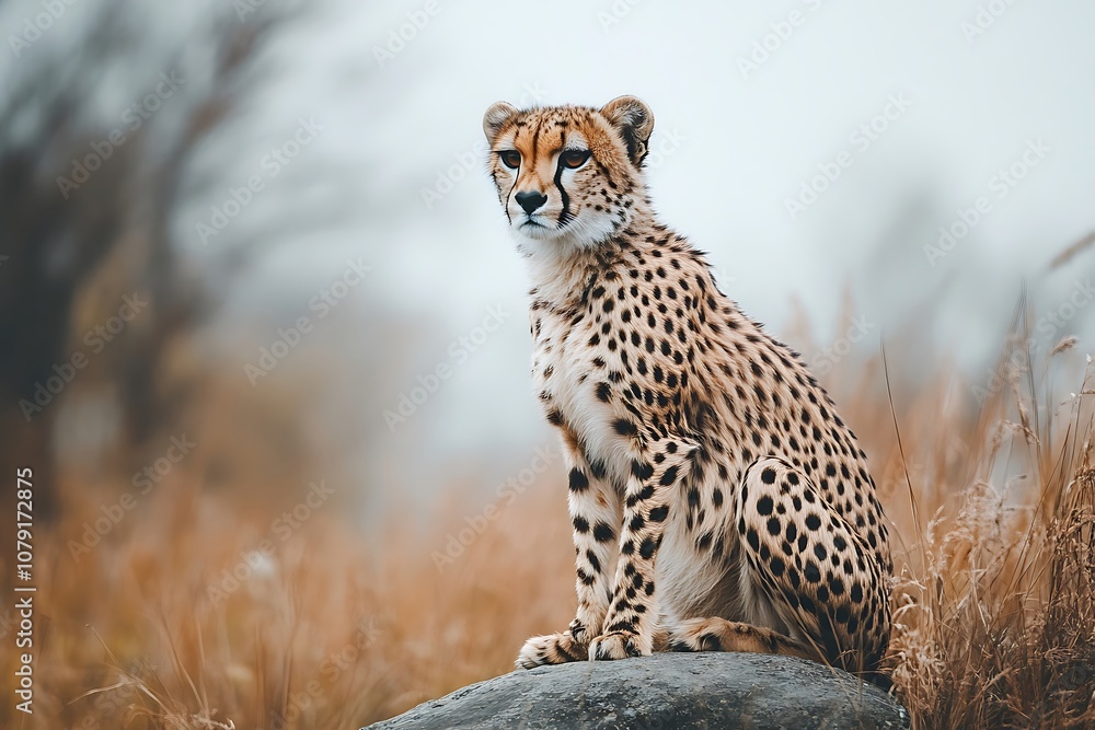 Spotted Cheetah Sitting on a Rock in a Foggy Field Spotted Cheetah Sitting on a Rock in a Foggy Field