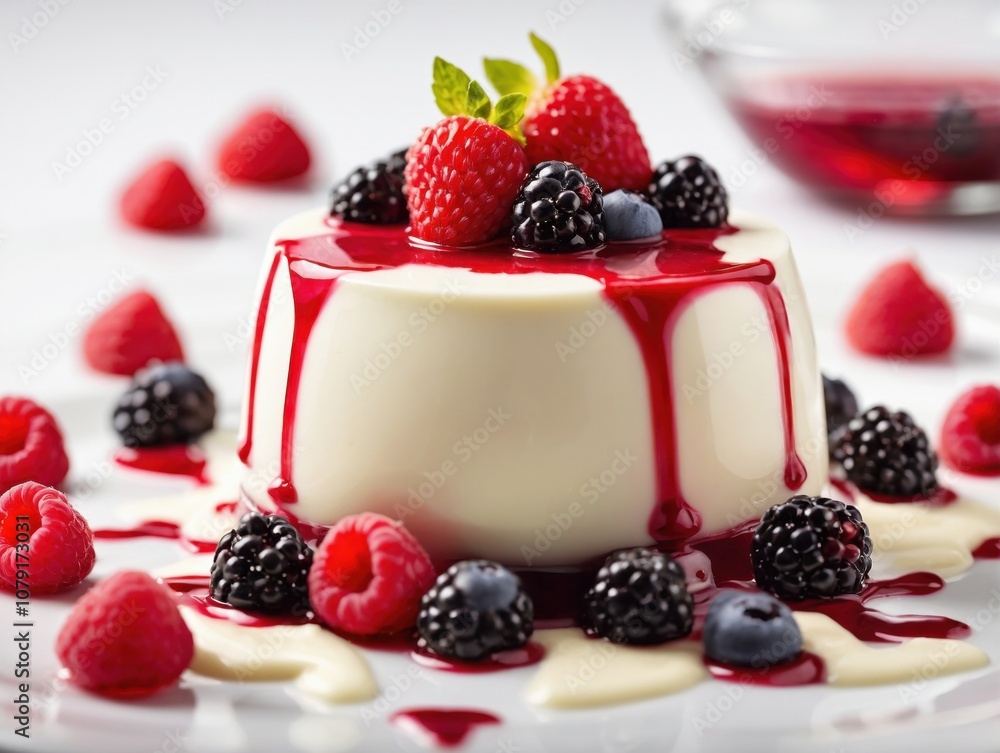 Classic Vanilla Panna Cotta on a White Plate with Berry Garnish Classic Vanilla Panna Cotta on a White Plate with Berry Garnish