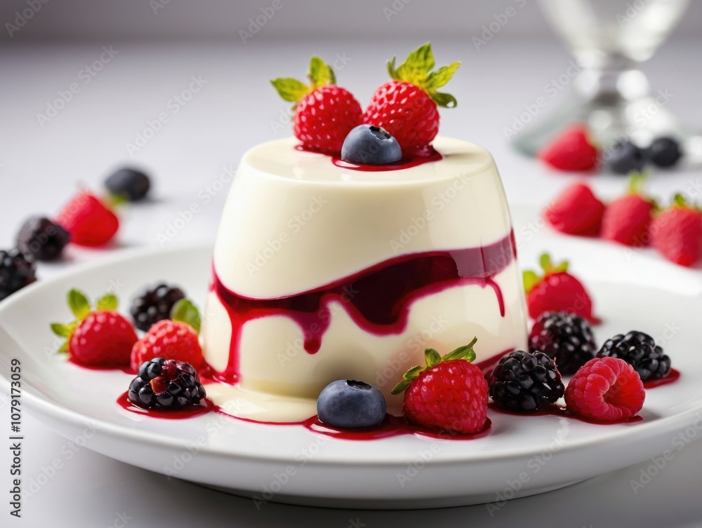 Classic Vanilla Panna Cotta on a White Plate with Berry Garnish Classic Vanilla Panna Cotta on a White Plate with Berry Garnish