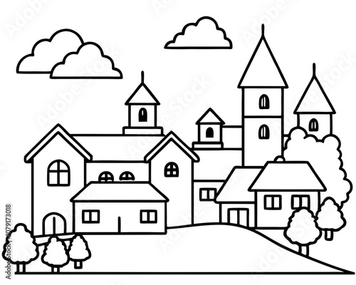 Village Coloring Page with White Background