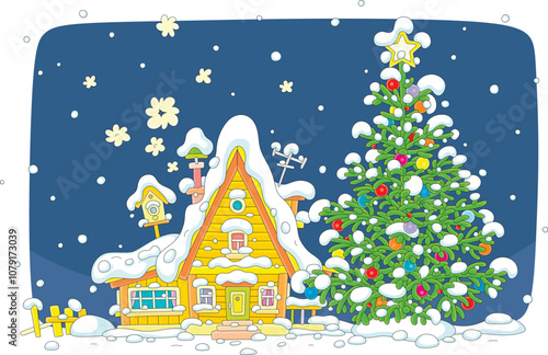Snow-covered little house with a smoking chimney and a decorated Christmas tree on a snowy winter day in a village, vector cartoon illustration