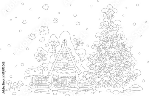Snow-covered little house with a smoking chimney and a decorated Christmas tree on a snowy winter day in a village, black and white outline vector cartoon illustration for a coloring book
