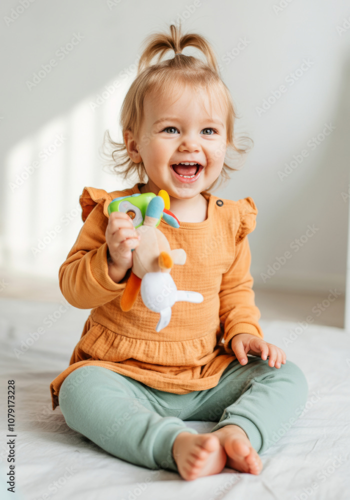 Joyful toddler with toy in bright outfit: capturing playful expressions and childhood moments Joyful toddler with toy in bright outfit: capturing playful expressions and childhood moments