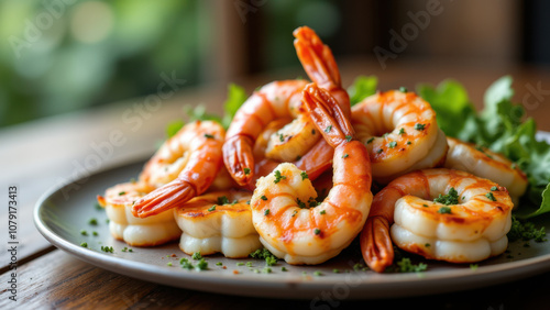 Plump grilled shrimp on a rustic wooden table with fresh herbs sprinkled over them. photo