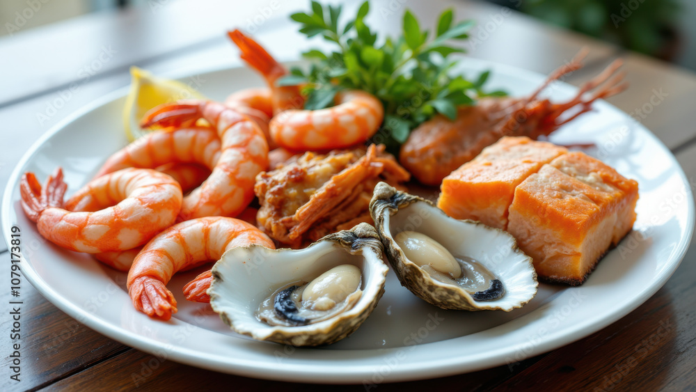 A plate with a variety of shellfish and fish, representing a carnivorous diet. A plate with a variety of shellfish and fish, representing a carnivorous diet.