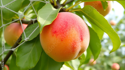 A semi dwarf variety of hardy peach tree is bearing a healthy bunch of summer stone fruit and itchy fuzz on its skin, protected by plastic netting from birds cicadas and other animals like foxes