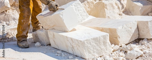 A quarry worker splits large slabs of marble with precision tools, the brilliant white stone gleaming in the sunlight