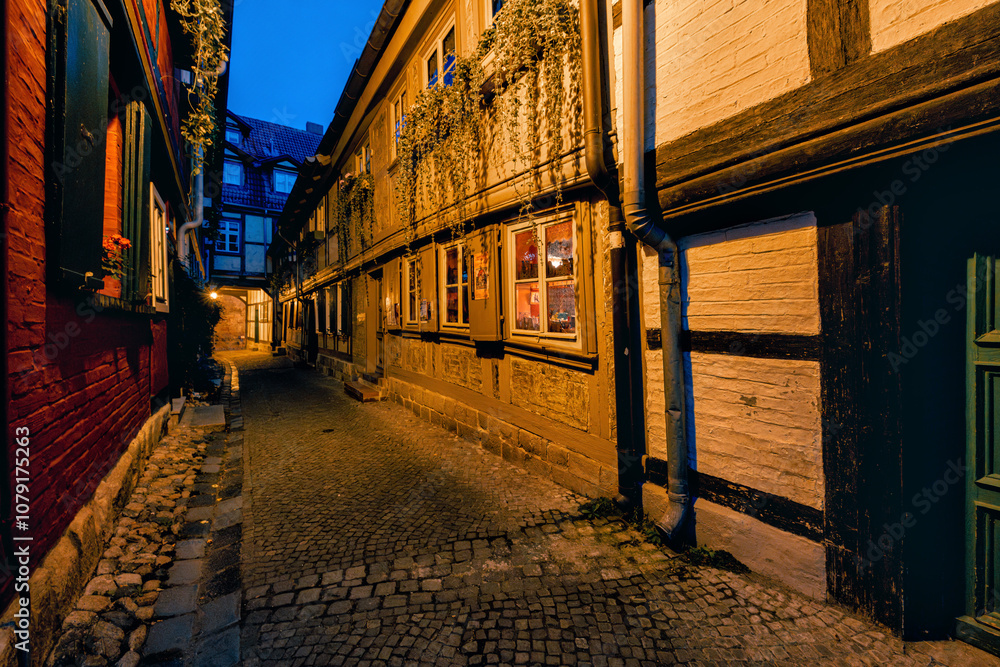 Fototapeta premium Typische Gasse mit gepfasteter Strasse zwischen sehr alten Fachwerkhäusern hindurch in Quedlinburg.