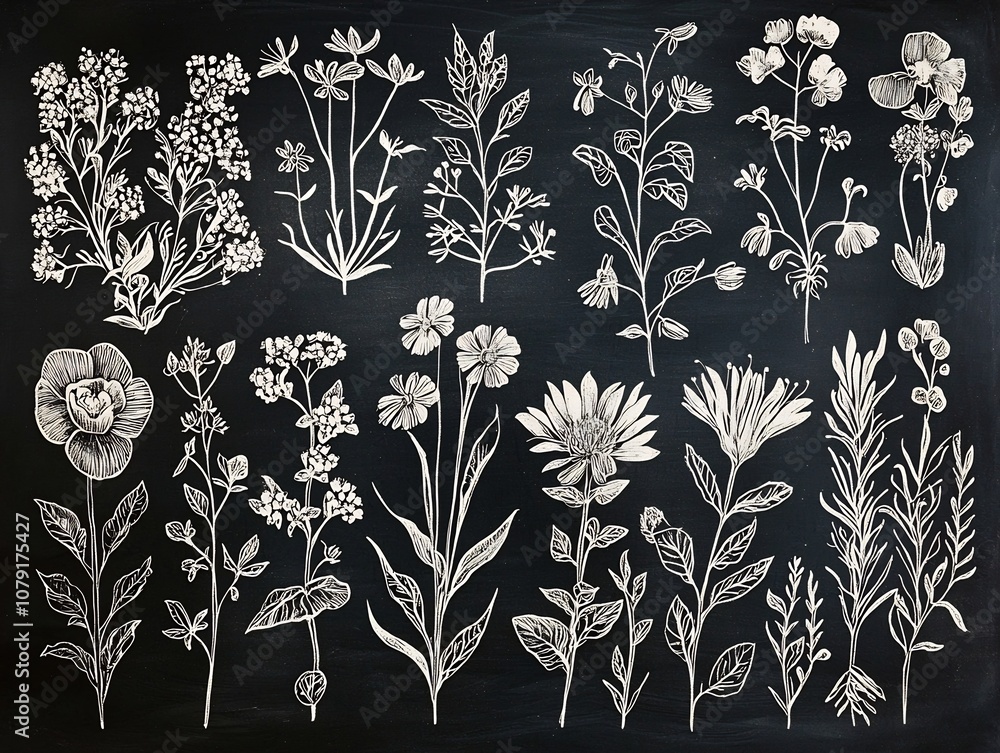 Intricate Botanical Garden Chalk Drawing with Labeled Plants and Flowers on a Blackboard Intricate Botanical Garden Chalk Drawing with Labeled Plants and Flowers on a Blackboard