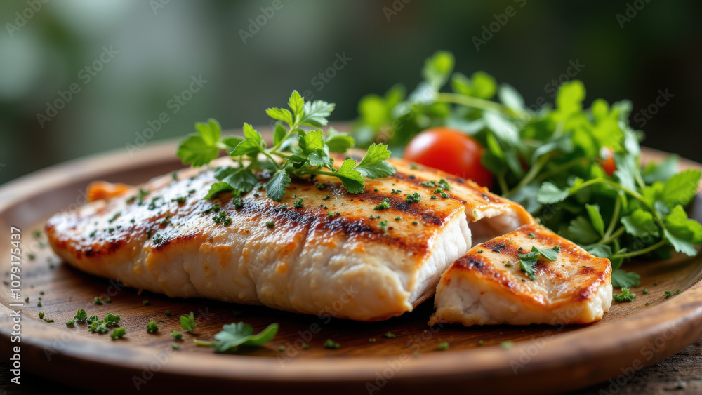 Grilled chicken breast on a plate with fresh herbs and cherry tomatoes. Grilled chicken breast on a plate with fresh herbs and cherry tomatoes.