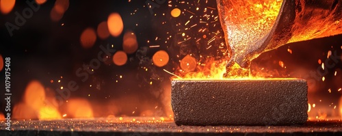 A steelworker in a fiery foundry pours molten metal into a mold, sparks flying in a dramatic industrial setting