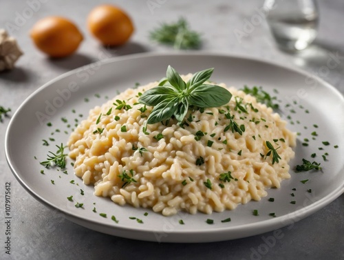 Creamy Risotto in a Shallow, White Plate