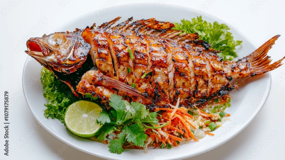 Succulent Thai Grilled Fish Dish with Fresh Herbs and Lime on Plate, Close-up Top View Showing Vibrant Colors and Ultra-Detailed Presentation Succulent Thai Grilled Fish Dish with Fresh Herbs and Lime on Plate, Close-up Top View Showing Vibrant Colors and Ultra-Detailed Presentation