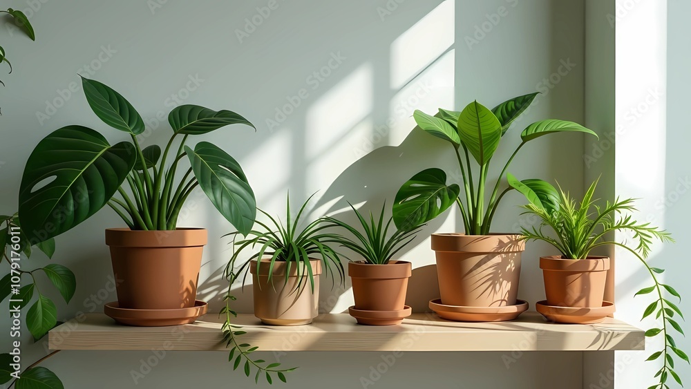 Fototapeta premium Green indoor plants on a white wall background