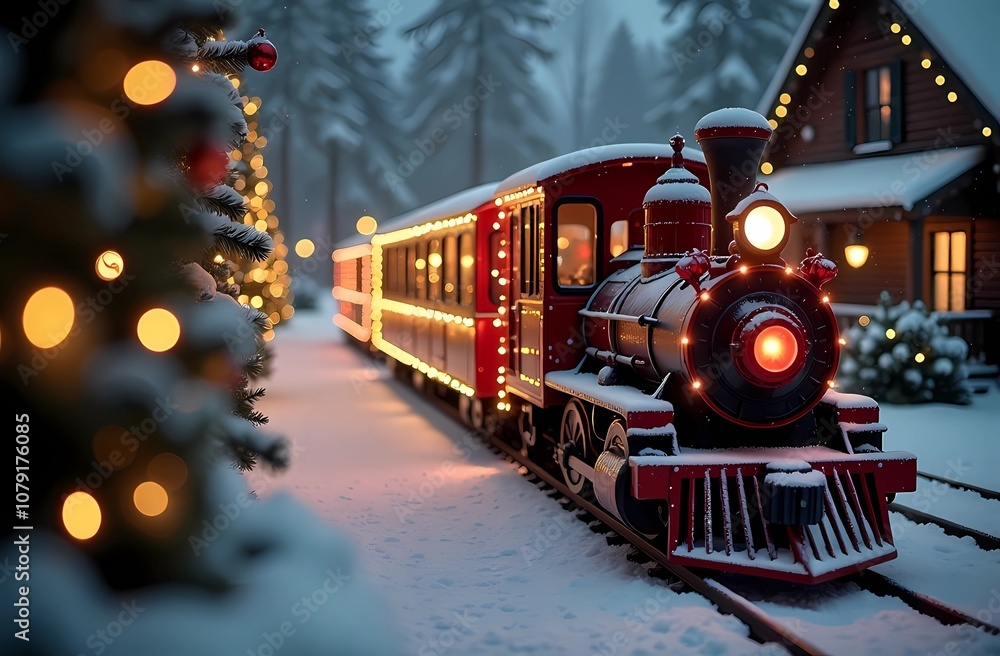 Festive Christmas train with lights and decorations in a winter fairy tale. Winter, Christmas and New Year scene. Festive Christmas train with lights and decorations in a winter fairy tale. Winter, Christmas and New Year scene.